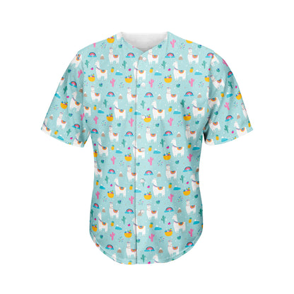Happy Llama And Cactus Pattern Print Men's Baseball Jersey