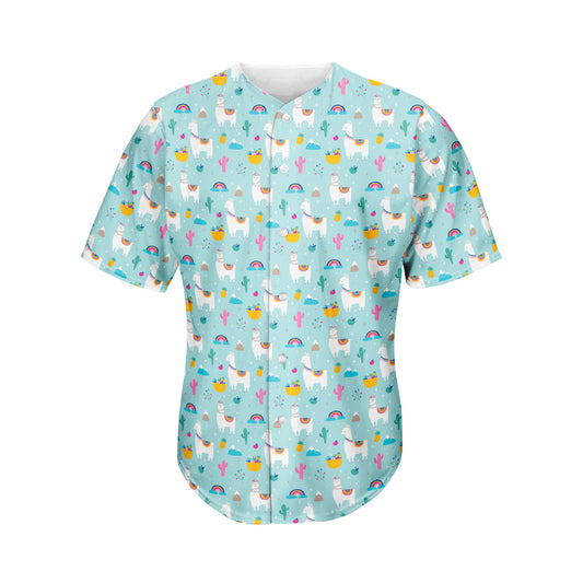 Happy Llama And Cactus Pattern Print Men's Baseball Jersey