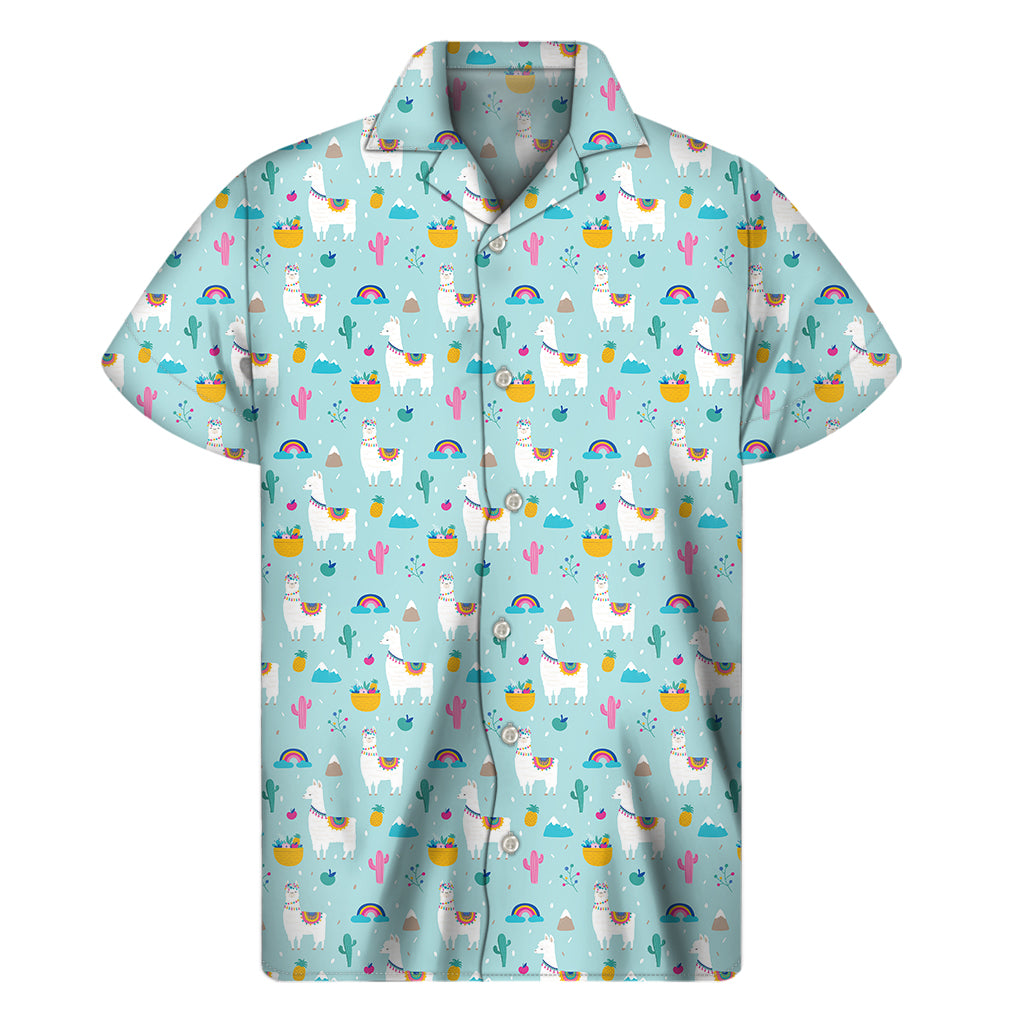Happy Llama And Cactus Pattern Print Men's Short Sleeve Shirt