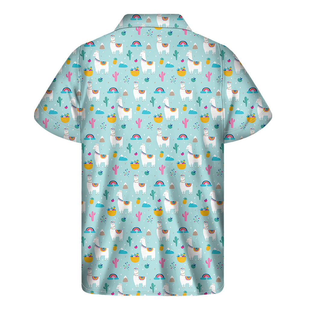 Happy Llama And Cactus Pattern Print Men's Short Sleeve Shirt