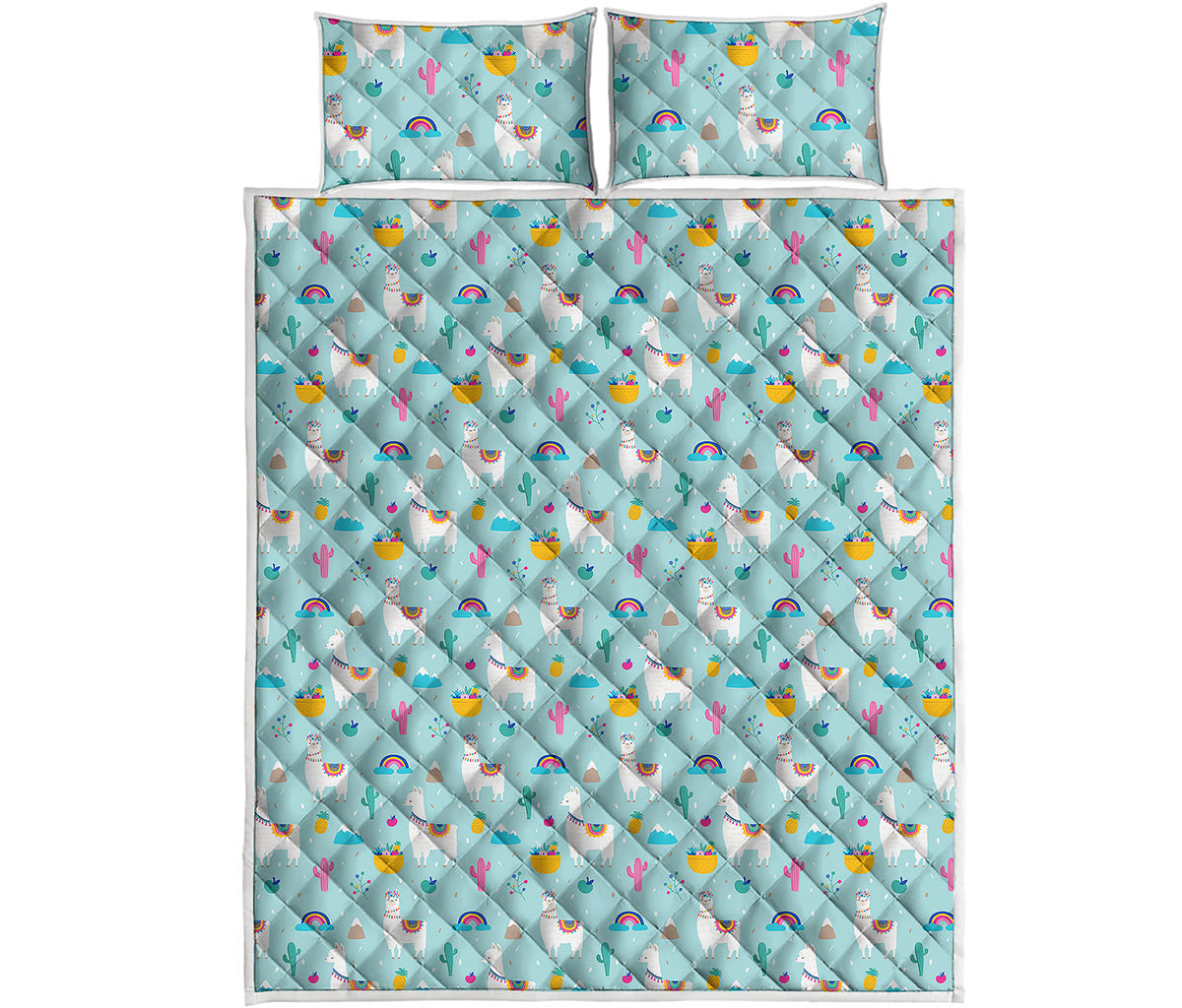 Happy Llama And Cactus Pattern Print Quilt Bed Set