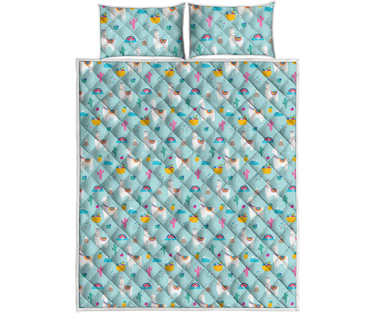Happy Llama And Cactus Pattern Print Quilt Bed Set