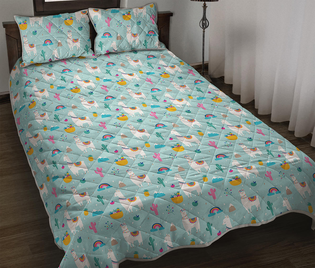 Happy Llama And Cactus Pattern Print Quilt Bed Set