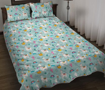 Happy Llama And Cactus Pattern Print Quilt Bed Set