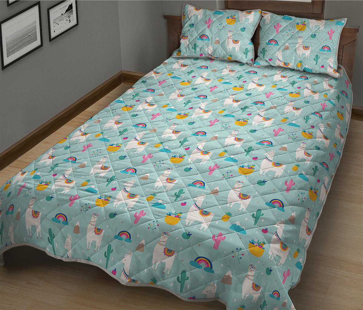 Happy Llama And Cactus Pattern Print Quilt Bed Set