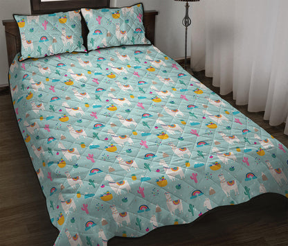 Happy Llama And Cactus Pattern Print Quilt Bed Set
