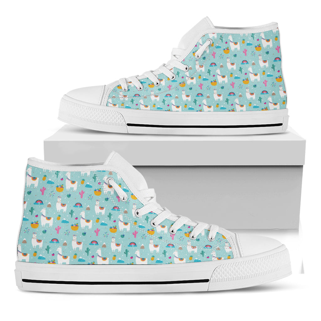 Happy Llama And Cactus Pattern Print White High Top Shoes