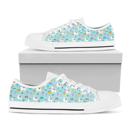 Happy Llama And Cactus Pattern Print White Low Top Shoes