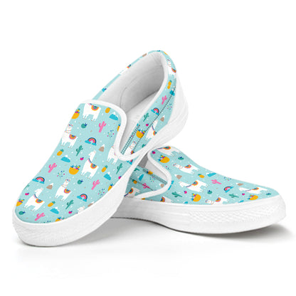Happy Llama And Cactus Pattern Print White Slip On Shoes