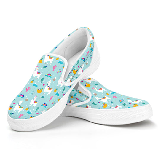 Happy Llama And Cactus Pattern Print White Slip On Shoes