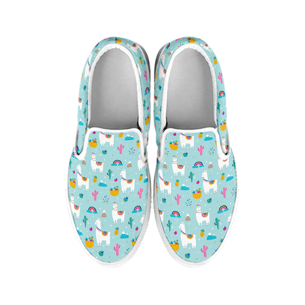 Happy Llama And Cactus Pattern Print White Slip On Shoes