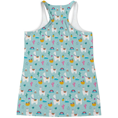 Happy Llama And Cactus Pattern Print Women's Racerback Tank Top