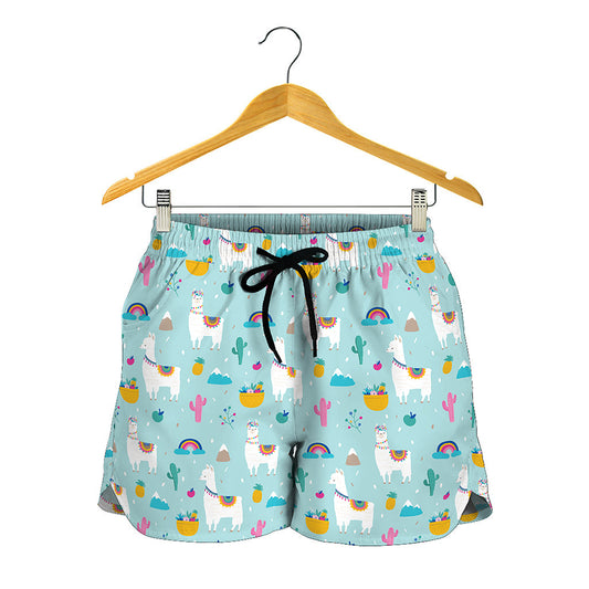 Happy Llama And Cactus Pattern Print Women's Shorts