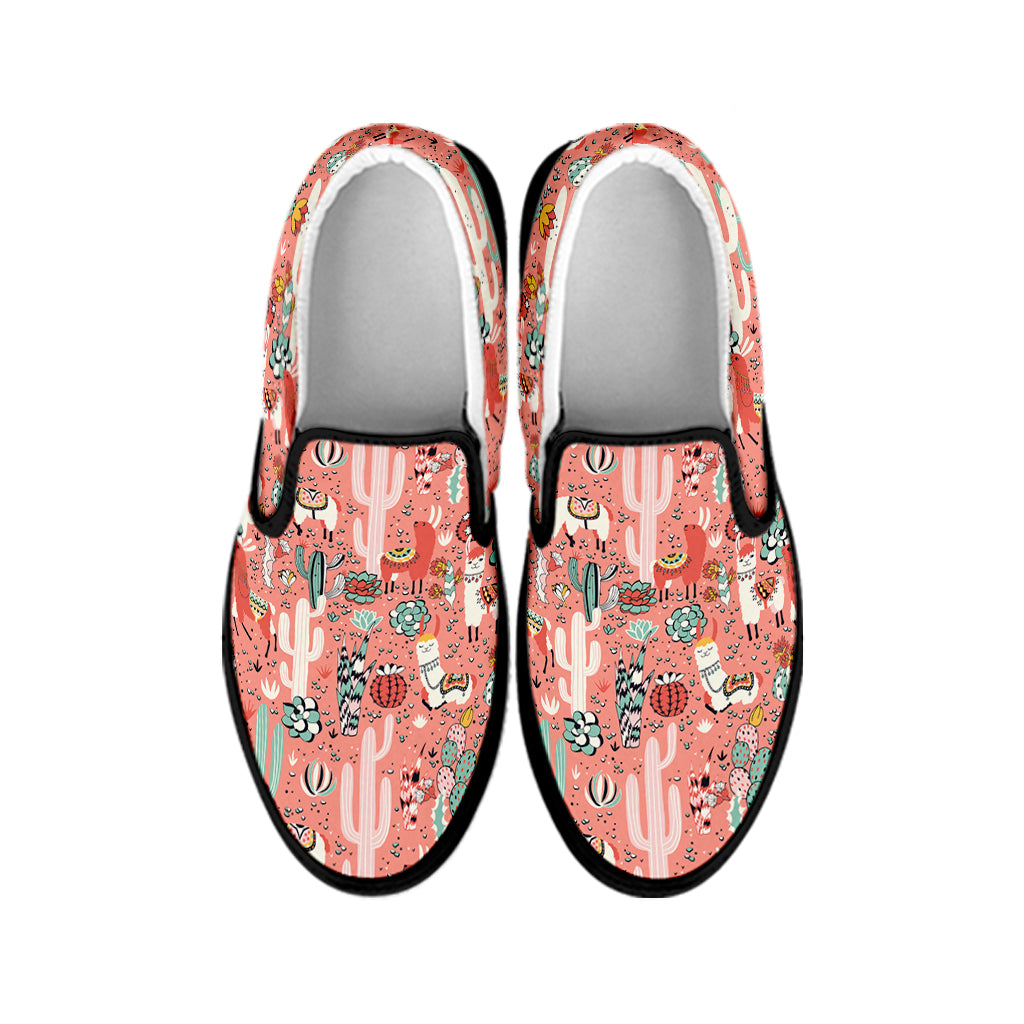 Happy Llama Pattern Print Black Slip On Shoes