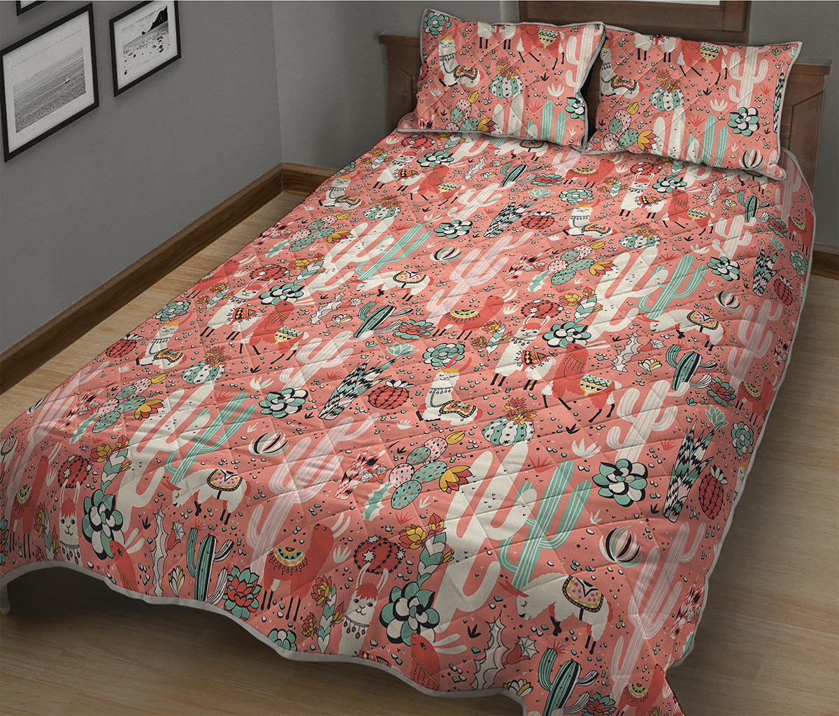 Happy Llama Pattern Print Quilt Bed Set