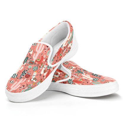 Happy Llama Pattern Print White Slip On Shoes