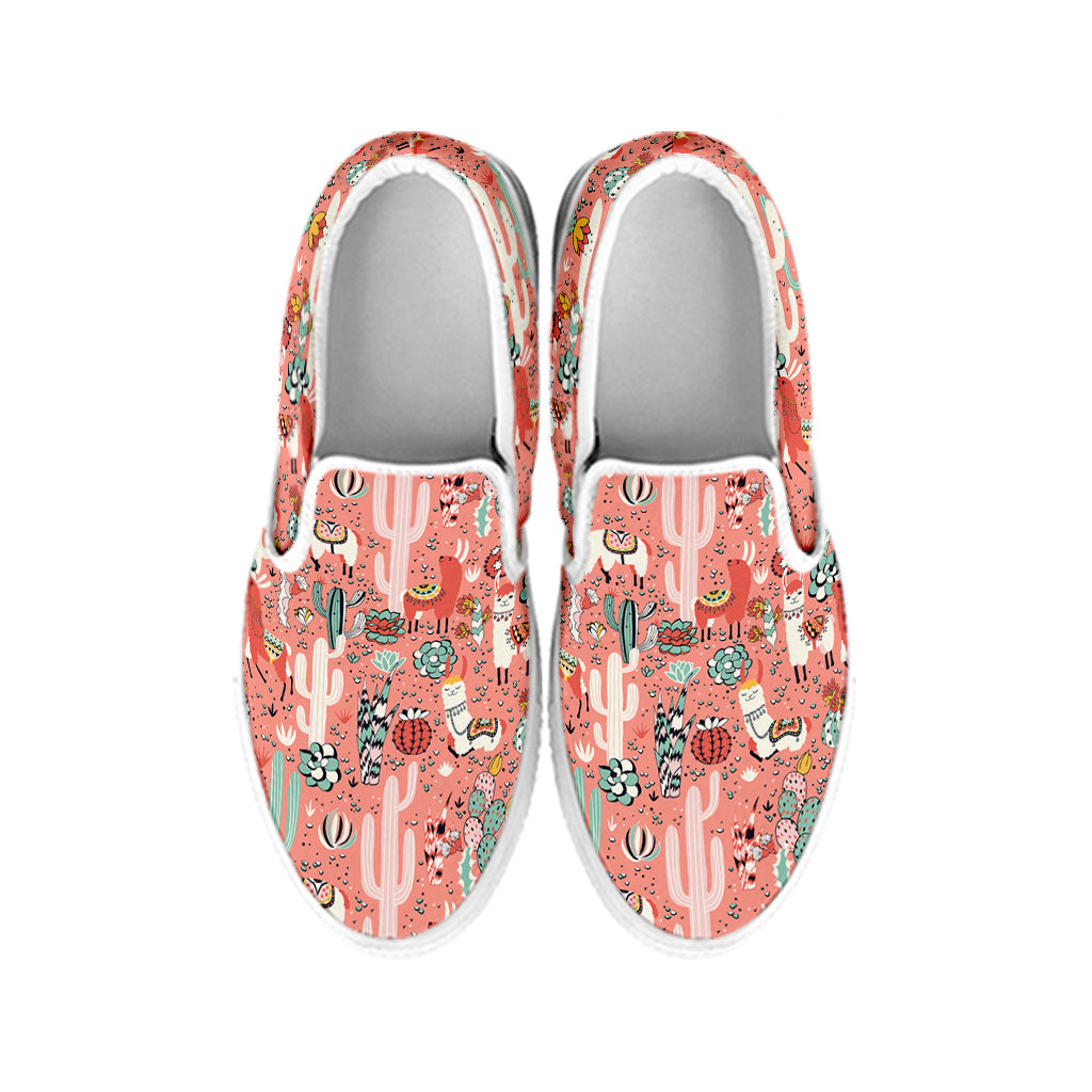 Happy Llama Pattern Print White Slip On Shoes