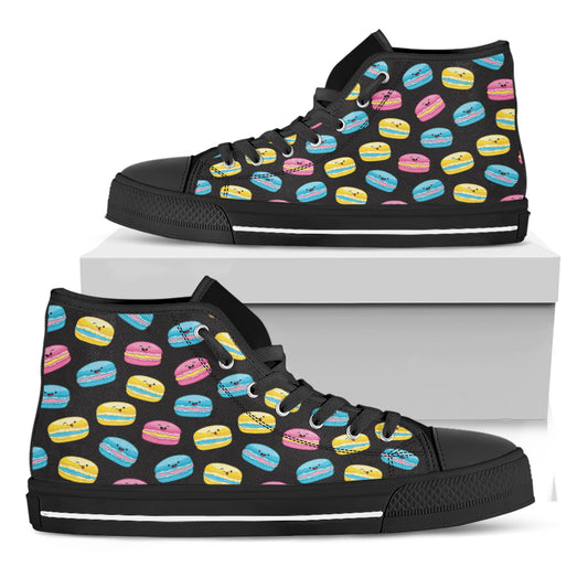 Happy Macarons Pattern Print Black High Top Shoes