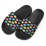 Happy Macarons Pattern Print Black Slide Sandals