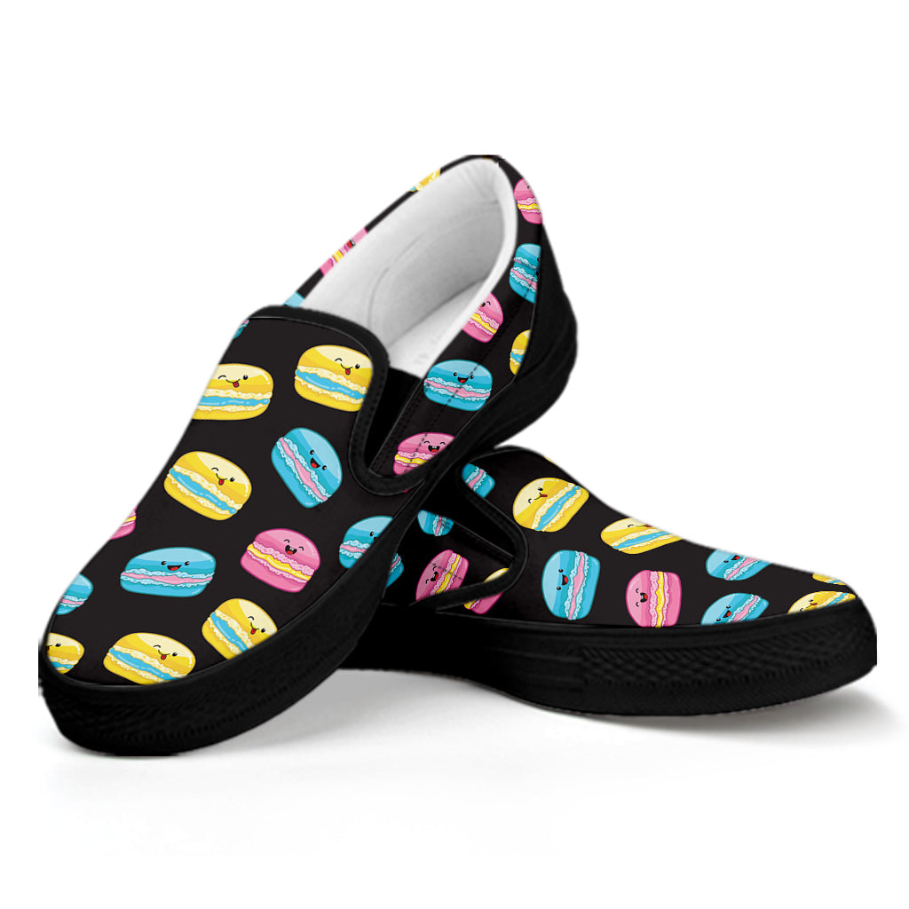 Happy Macarons Pattern Print Black Slip On Shoes