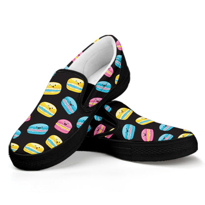 Happy Macarons Pattern Print Black Slip On Shoes