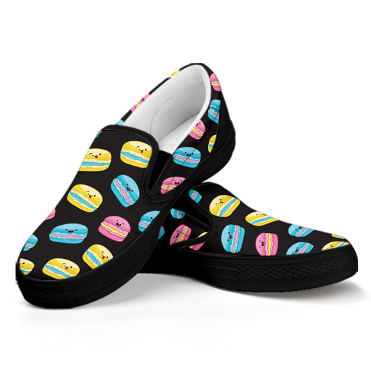 Happy Macarons Pattern Print Black Slip On Shoes