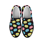Happy Macarons Pattern Print Black Slip On Shoes