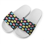 Happy Macarons Pattern Print White Slide Sandals