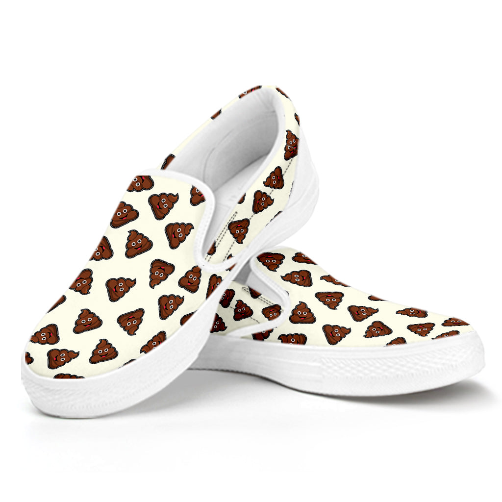 Happy Poop Pattern Print White Slip On Shoes