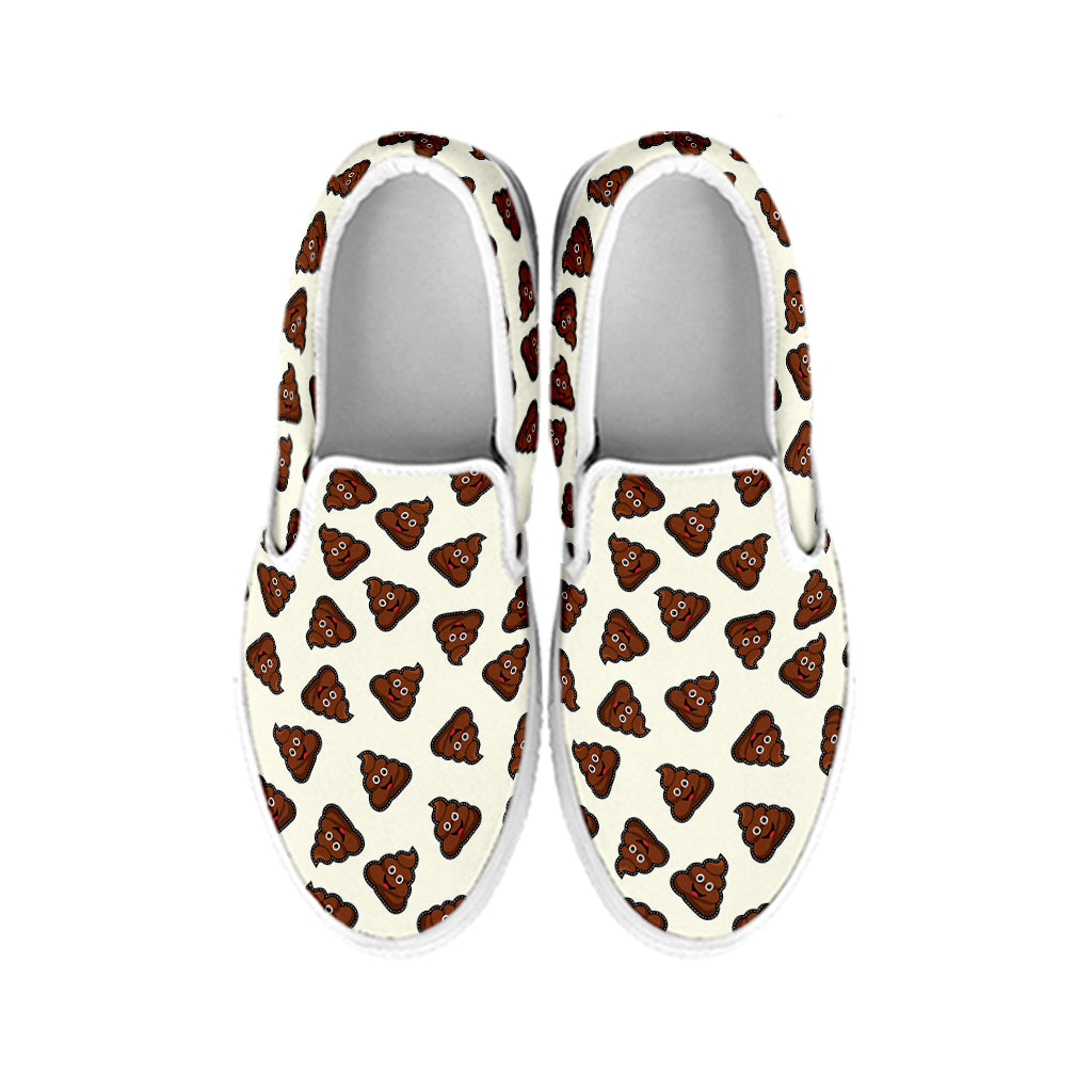 Happy Poop Pattern Print White Slip On Shoes