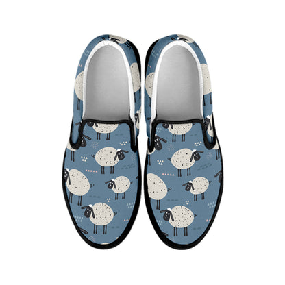 Happy Sheep Pattern Print Black Slip On Shoes