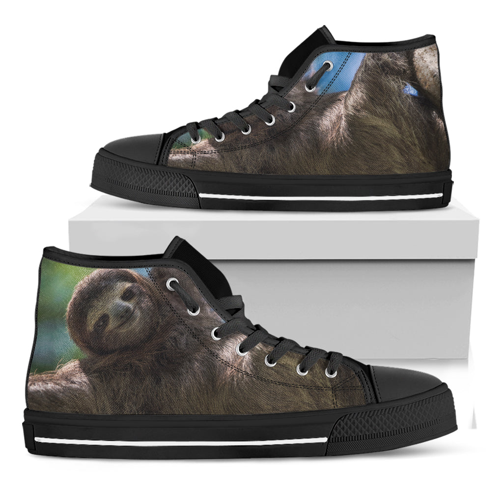 Happy Sloth Print Black High Top Shoes