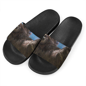 Happy Sloth Print Black Slide Sandals