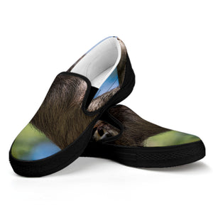 Happy Sloth Print Black Slip On Shoes