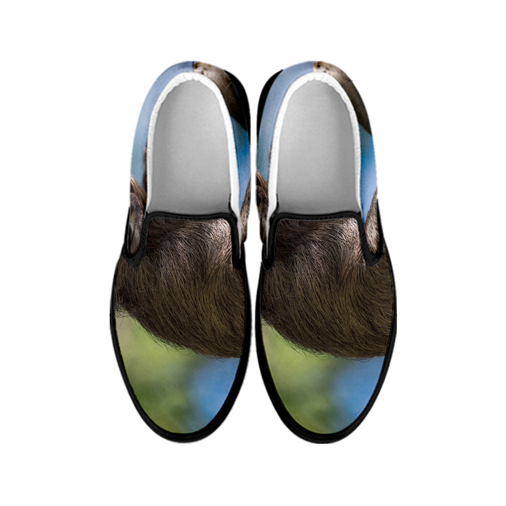 Happy Sloth Print Black Slip On Shoes