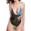 Happy Sloth Print One Piece High Cut Swimsuit