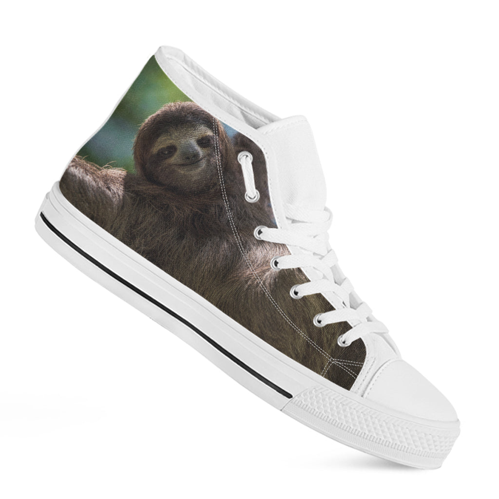 Happy Sloth Print White High Top Shoes