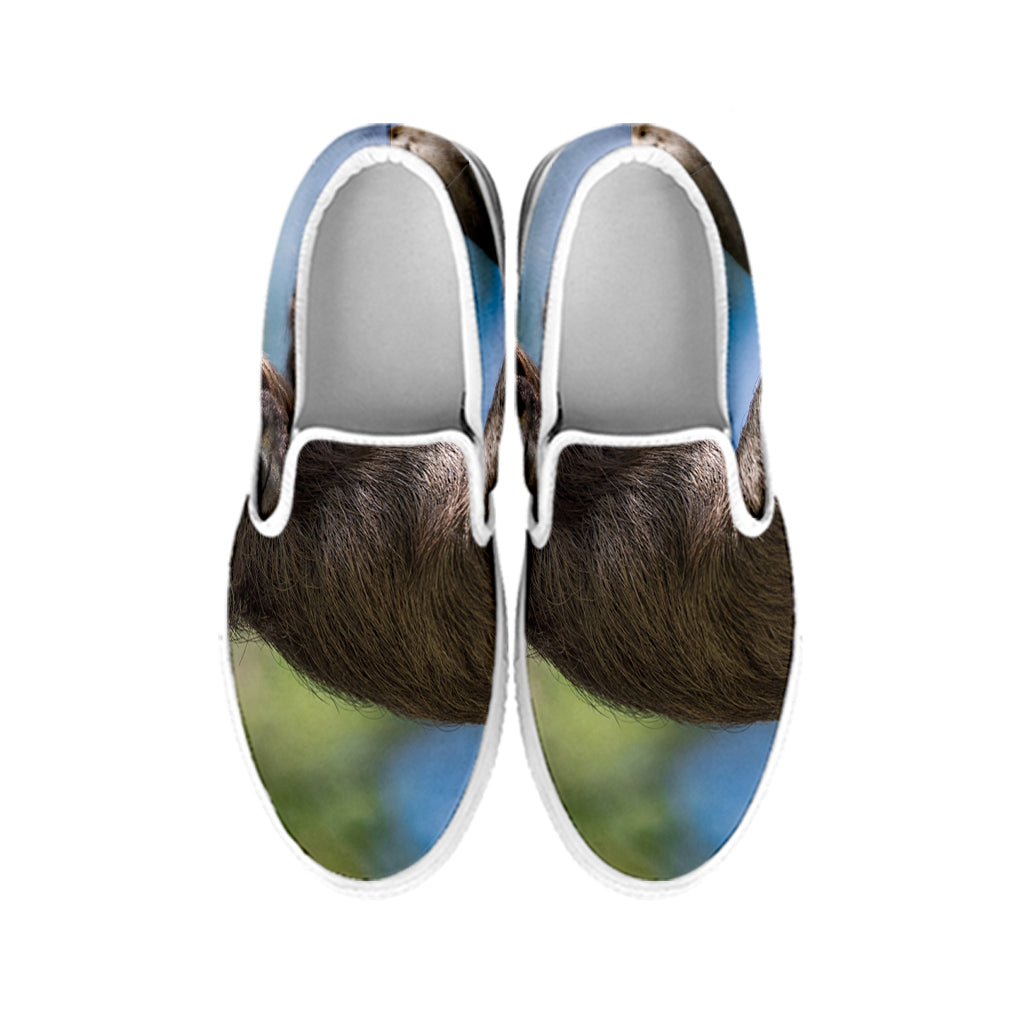 Happy Sloth Print White Slip On Shoes