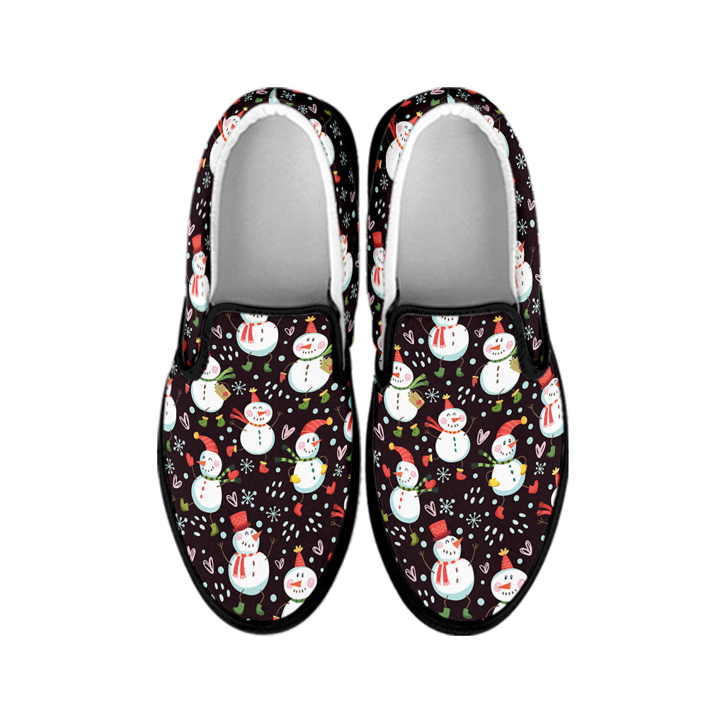 Happy Snowman Pattern Print Black Slip On Shoes
