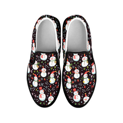 Happy Snowman Pattern Print Black Slip On Shoes
