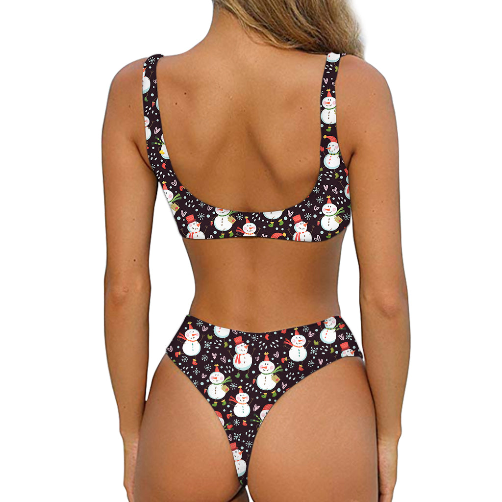 Happy Snowman Pattern Print Front Bow Tie Bikini