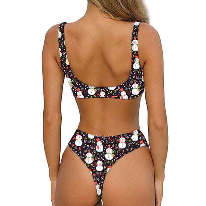 Happy Snowman Pattern Print Front Bow Tie Bikini