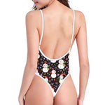 Happy Snowman Pattern Print One Piece High Cut Swimsuit