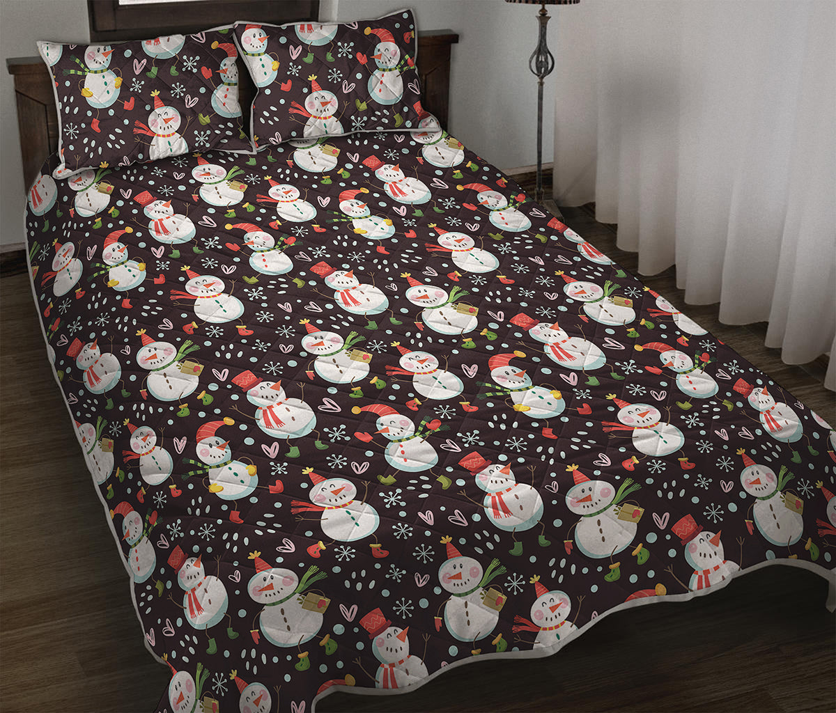 Happy Snowman Pattern Print Quilt Bed Set