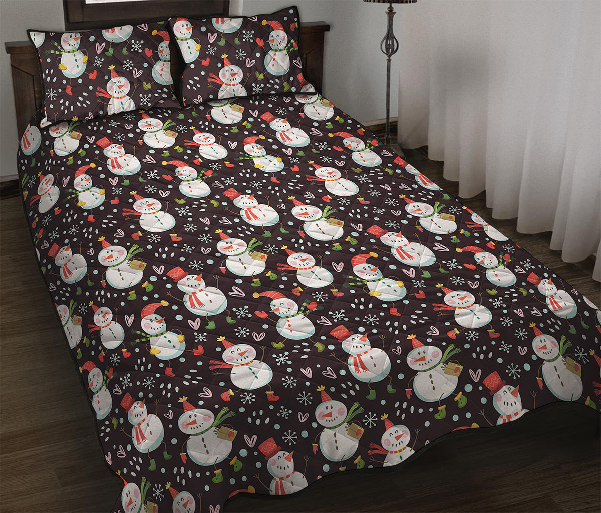 Happy Snowman Pattern Print Quilt Bed Set