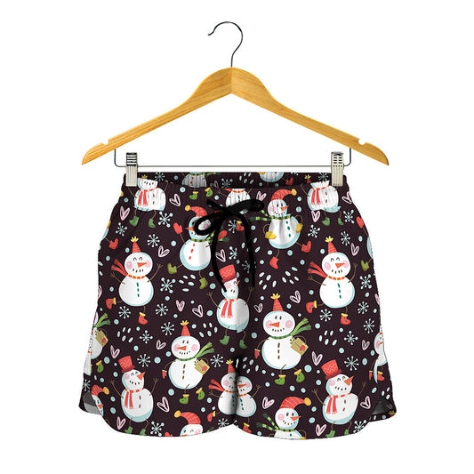 Happy Snowman Pattern Print Women's Shorts