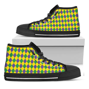 Harlequin Mardi Gras Pattern Print Black High Top Shoes