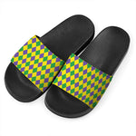 Harlequin Mardi Gras Pattern Print Black Slide Sandals