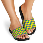 Harlequin Mardi Gras Pattern Print Black Slide Sandals