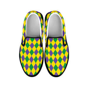 Harlequin Mardi Gras Pattern Print Black Slip On Shoes